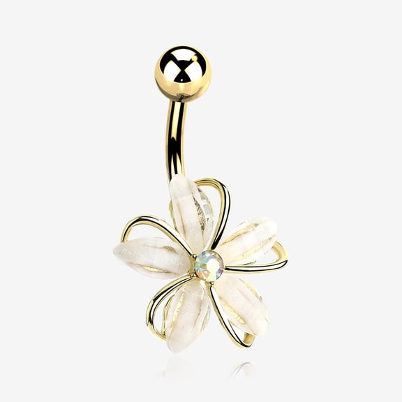 BM25 Golden Sparkle Frosted Flower Shimmer Belly Button Ring-Clear Gem