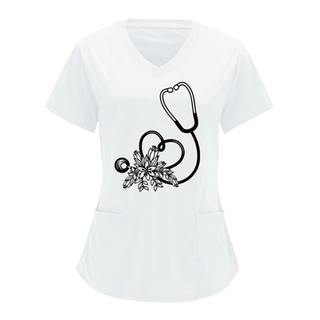 

Funicet Plus Size Tops for Women Scrubs Tops Plus Size Working Uniform With Pockets Short Sleeve V-neck Nursing Uniform Cute Printed Blouse