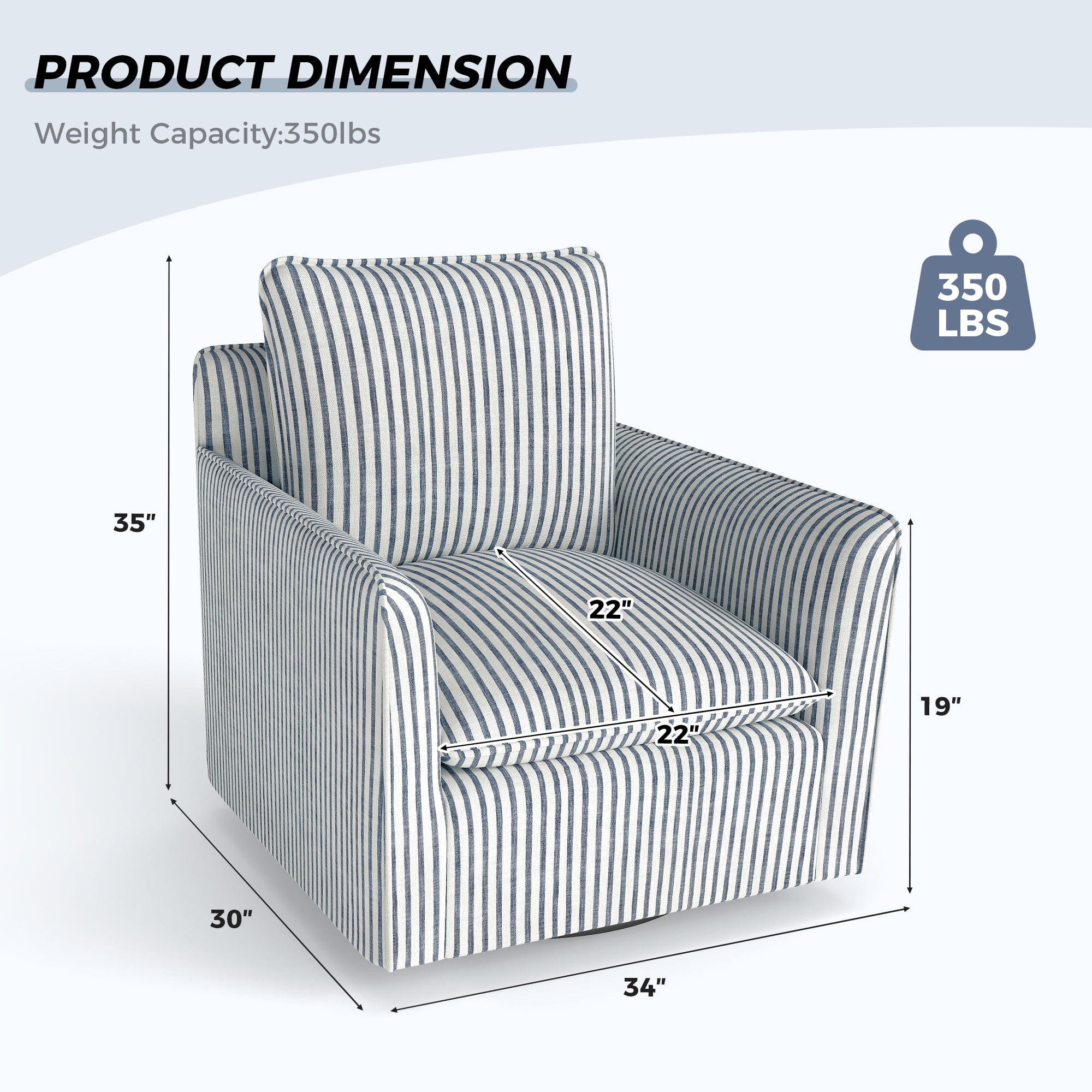 Ebello 360° Swivel Chair with Thick Padded Backrest Cushion – Fabric Square Accent Chair for Living Room, Bedroom, Office – Fully Assembled, Blue Stripe
