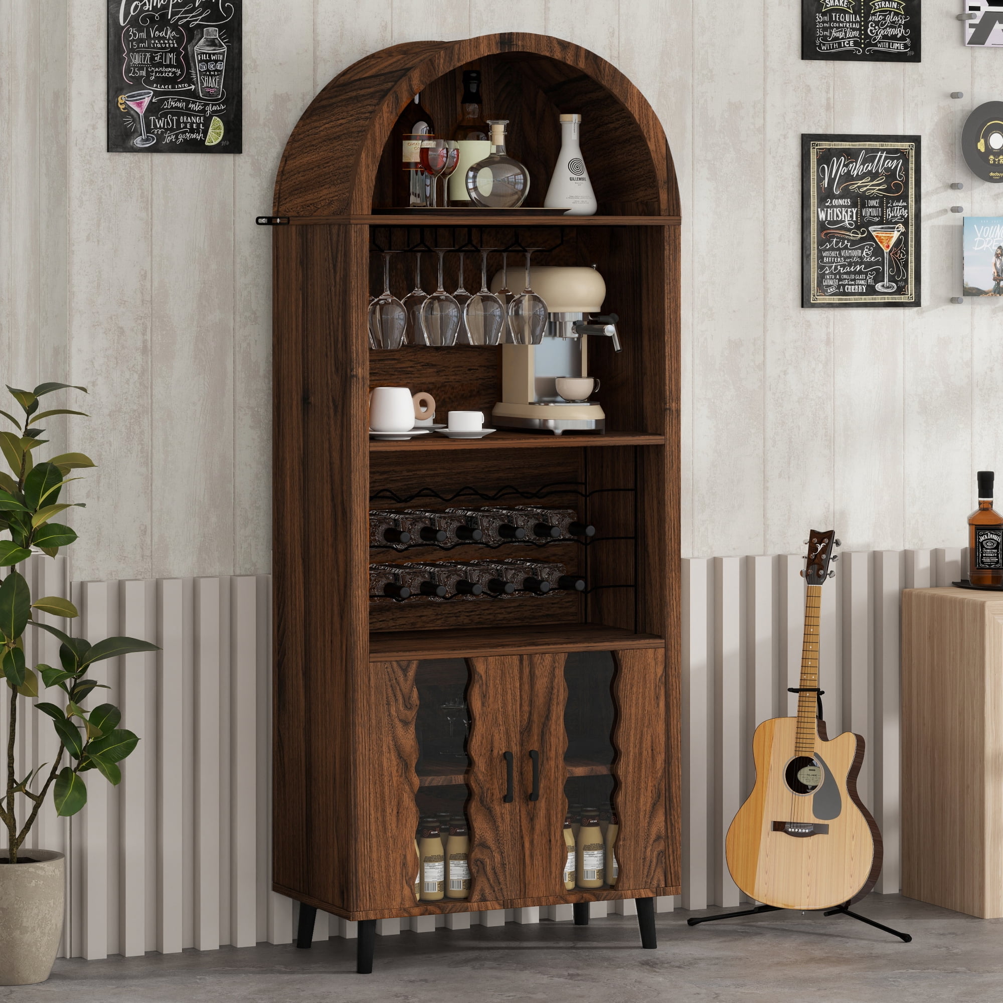 Leumius 71"Farmhouse Arched Bar Cabinet with Wine Rack and Wine Glass Holder, Tall Arched Display Cabinet, Arch Wine Bar Cabinets &Coffee Bar,Liquor Bars Cabinet for Living Dining Room Brown