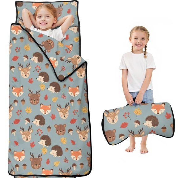 Hedgehog and Deer Grey Pattern Teens Toddler Nap Mat with Pillow, Sleeping Mat Bag for Preschool Daycare 59"x22"