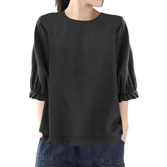 Yubnlvae Black Women's Loose Round Neck Large Size Five Point Sleeve Top, Xl