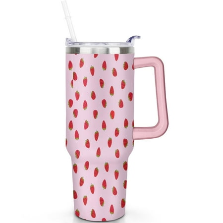

40oz Strawberry Tumbler Stainless Steel Flip Straw Lid Handle Vacuum Insulated Leak Proof Travel Mug Gift for Men Women