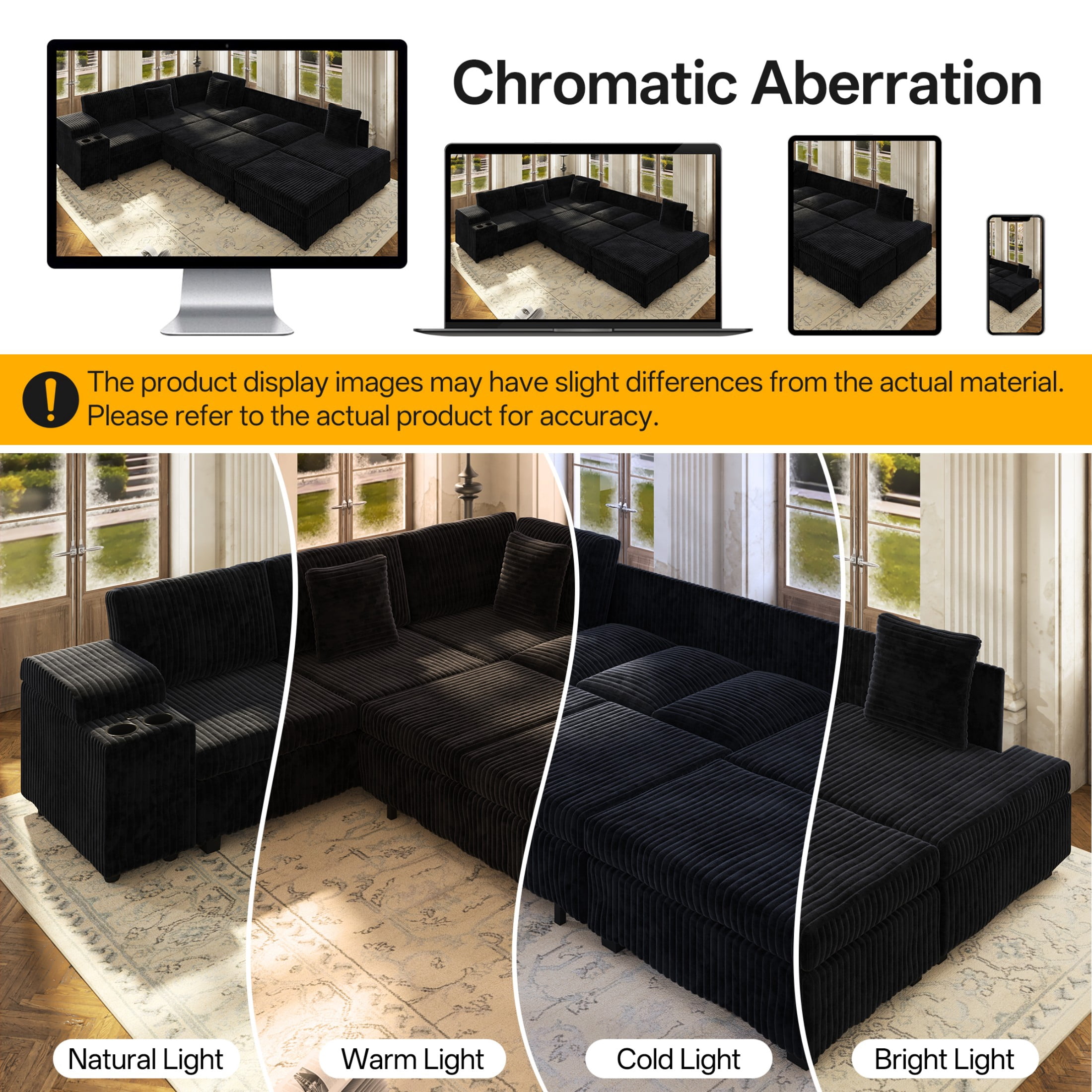 LLappuil 110" Sectional Sofa, Modular Sectional Couch Convertible Sofa Bed, 7 Seat Corduroy Sofa Couch with Movable Ottoman, Hidden Armrest Storage & USB Charging Ports Black