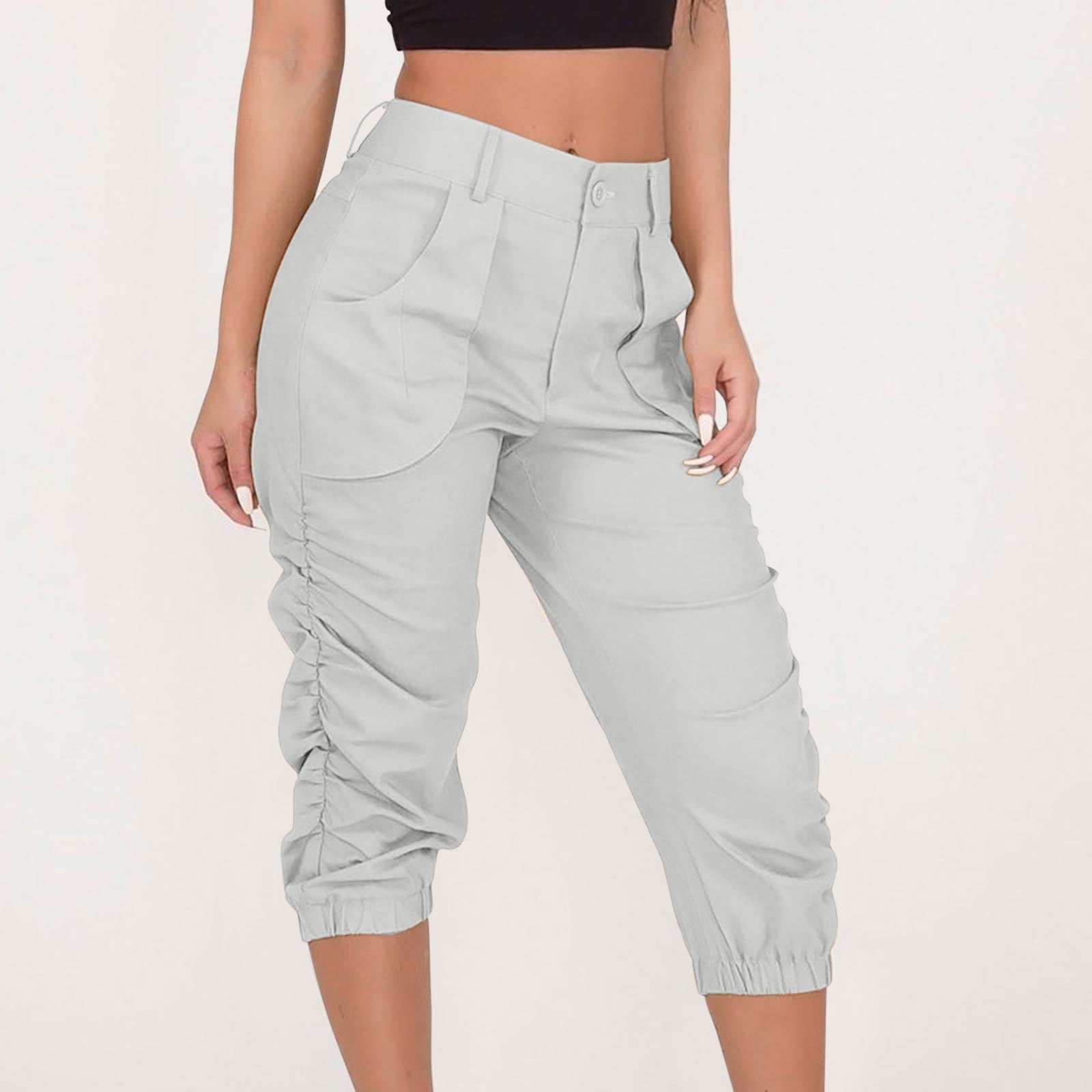 Bowake Capri Pants For Women High Waisted Cropped Dress Pants With Pockets Stacked Lounge Cargo Trousers Casual Joggers Capris White