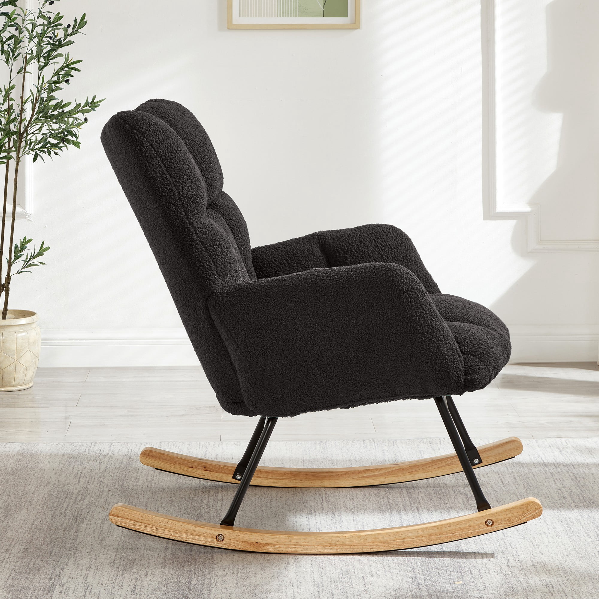 Glider Chair for Living Room Tufted Upholstered Teddy Fabric Rocking Chair with Metal Frame Accent Chair (Gray)