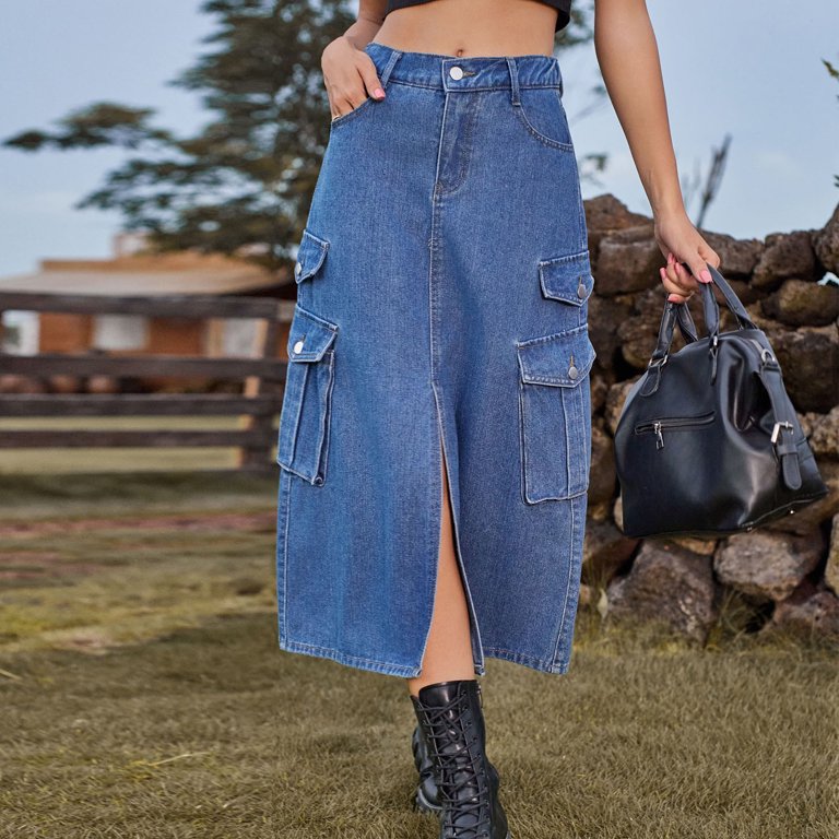 【Anyone more】Belly black blue raw denim cargo skirt BLVB Women's Denim Cargo Skirt Casual High Waisted Split