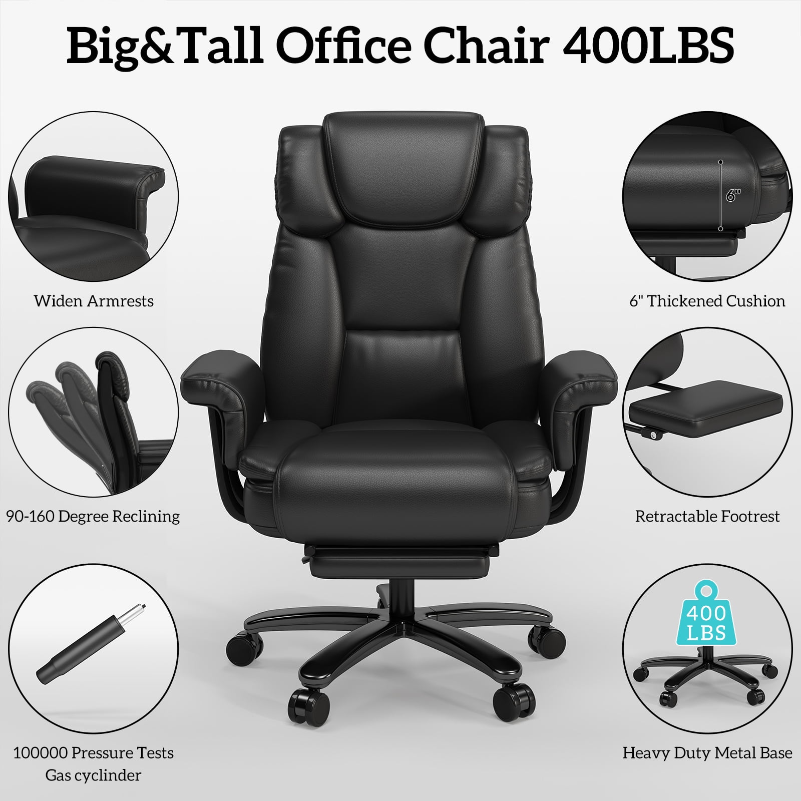 HomeZeer Big and Tall Office Chair with Footrest, 400 lbs Modern High Back Leather Office Chair, Reclining Wide Seat Ergonomic Executive Home Office Computer Desk Chair, Black