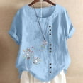 thumbnail image 1 of ICHUANYI Clearance Women's Short Sleeved Casual Plus Size Round Neck Feather Printed Loose Button Cotton Linen Top(Blue, L) ICHUANYI WER2023081008656, 1 of 5