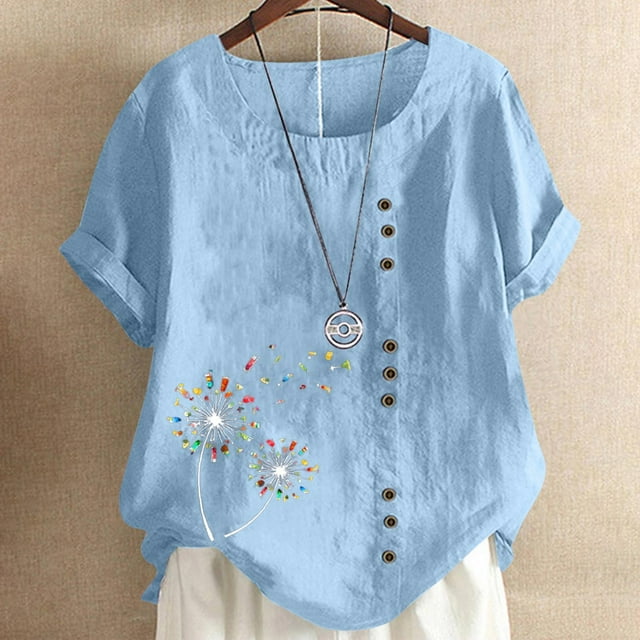 ICHUANYI Clearance Women's Short Sleeved Casual Plus Size Round Neck Feather Printed Loose Button Cotton Linen Top(Blue, L) ICHUANYI WER2023081008656