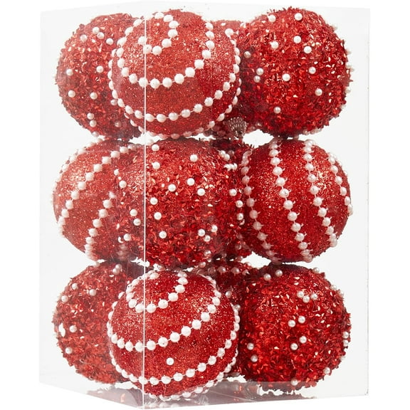 3.15" 12pcs Christmas Ball Ornaments Sequin Shatterproof Christmas Tree Ornaments DecorativeHanging Pearl Balls for Xmas Trees,Holiday Party(Red)