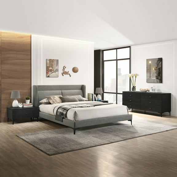 Armen Living Legend 4-Piece Fabric & Wood Queen Bedroom Set in Gray/Black
