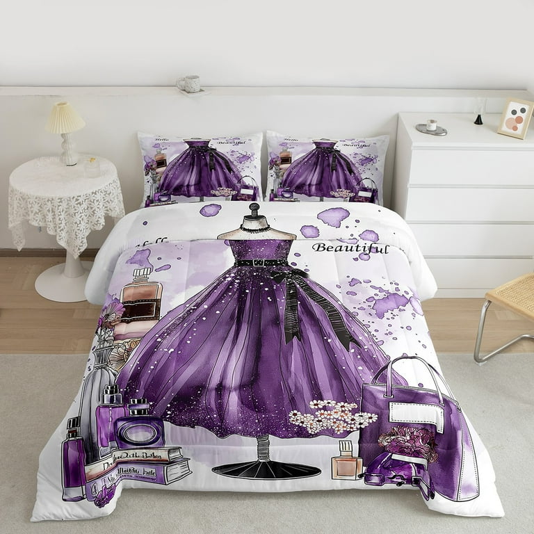 princess dress comforter Manfei Girl Perfume Dress Bedding Comforter Set,Fairy Tale Princess Twin Comforter Sets,Pink Black White Bedding Set For Kids,Ultra Soft Home Decor Reversible,2 Pieces