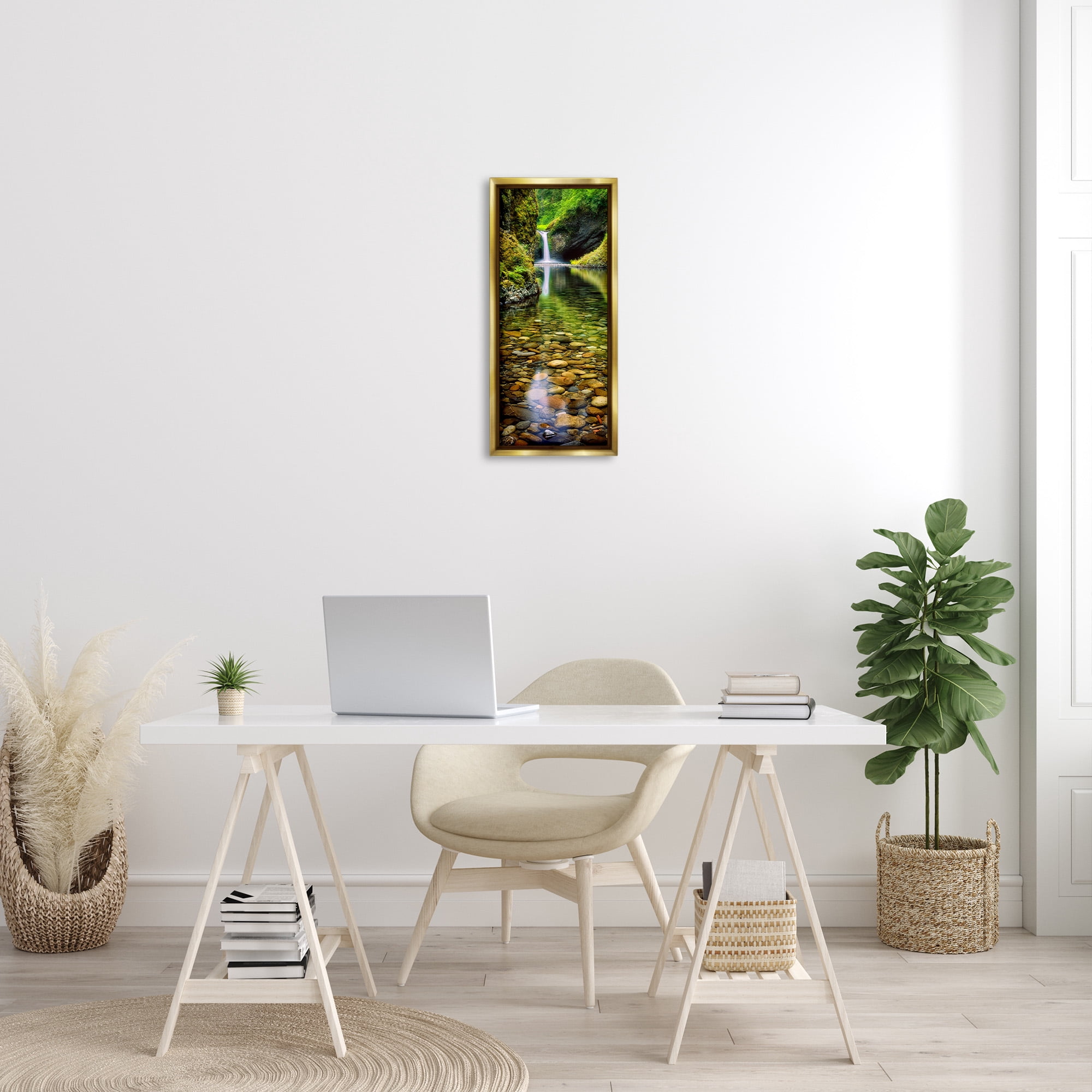 Stupell Industries Clear Stream Waterfall Photography Landscape Photography Gold Floater Framed Canvas Art Print Wall Art, 11 x 25