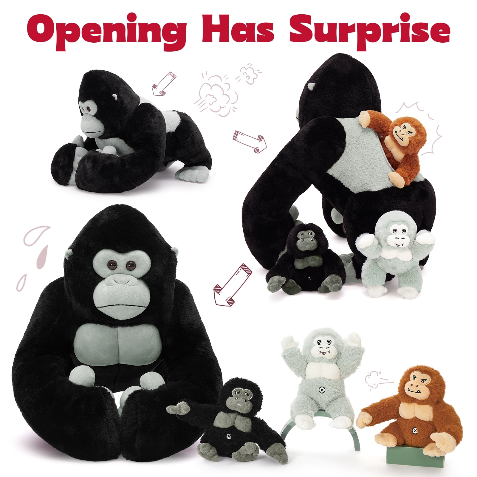 MorisMos 19.6" Black Gorillas Stuffed Animal Mommy Gorillas with 3 Baby Plush Toys