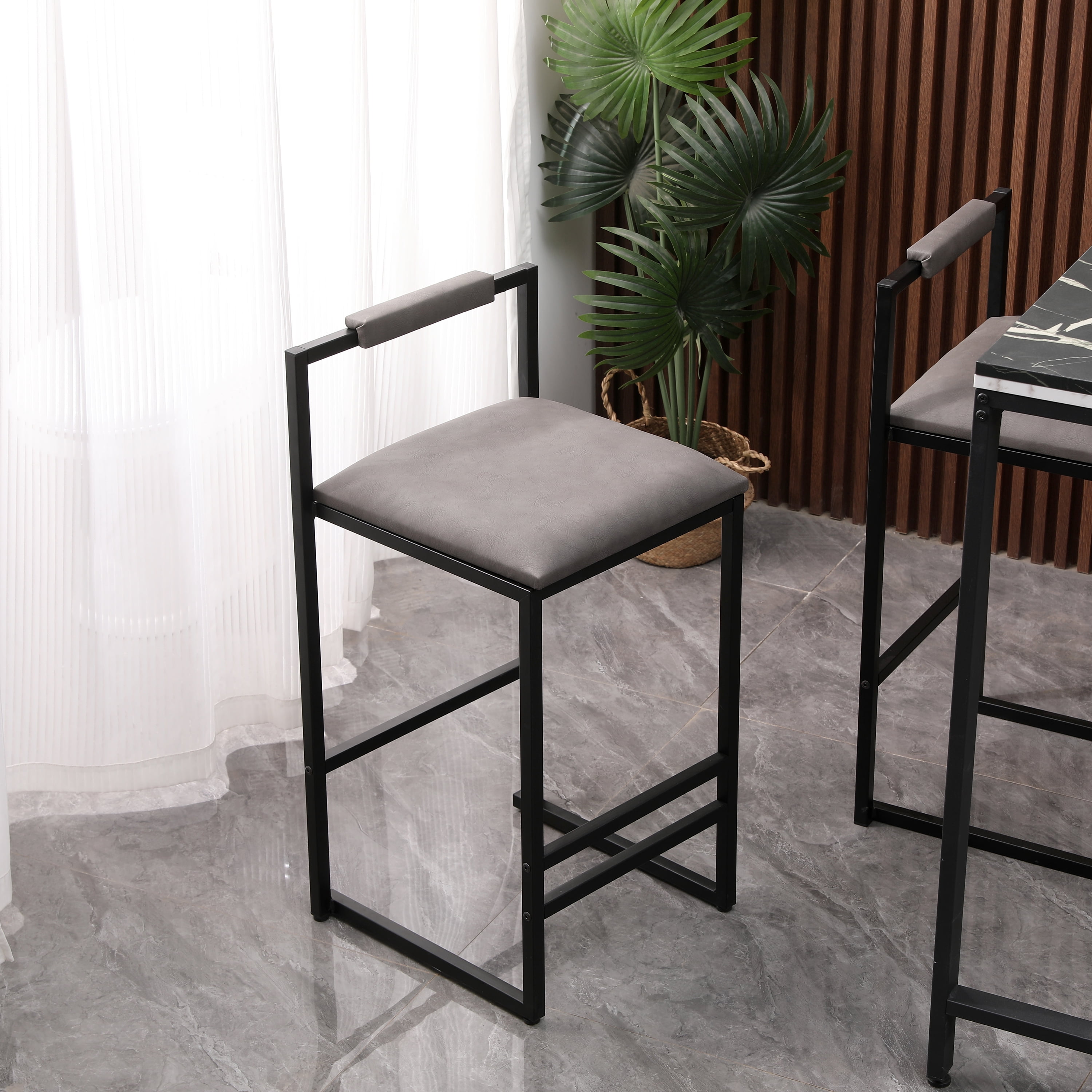 Set of 2 Counter Height Barstools Kitchen Island Stools with Back Modern Armless Metal Legs & PU Gray Upholstered Chairs
