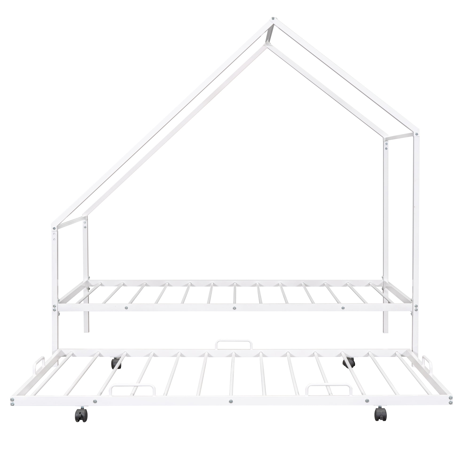 Gewnee Metal House Bed With Trundle,Kids Twin Size House-shaped Platform Bed Frame,White