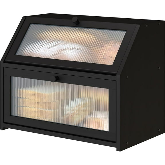 Black Bread Box for Kitchen Counter, Large Bamboo Wood Double Layer Bread Box, Wooden Bread Storage Capacity