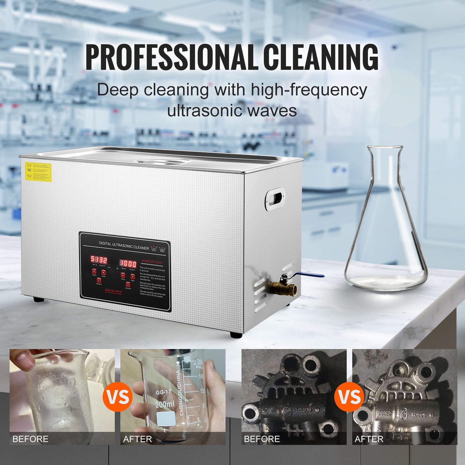 SKYSHALO Digital Ultrasonic Cleaning Device, Professional Jewelry and Watch Cleaner, Stainless Steel Machine with Heater and Timer for Glasses, Rings, Small Items, and Circuit Boards (30L)