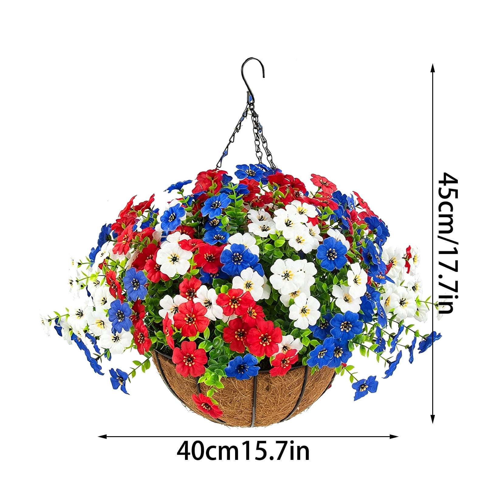 LNOGEUPG Independence Day Artificial Outdoor Flowers with Hanging Basket, 1 Hanging Planters with 12 Pcs Patriotic Flowers for Summer Front Porch Patio 4th of July Decor (Red, White, Blue)
