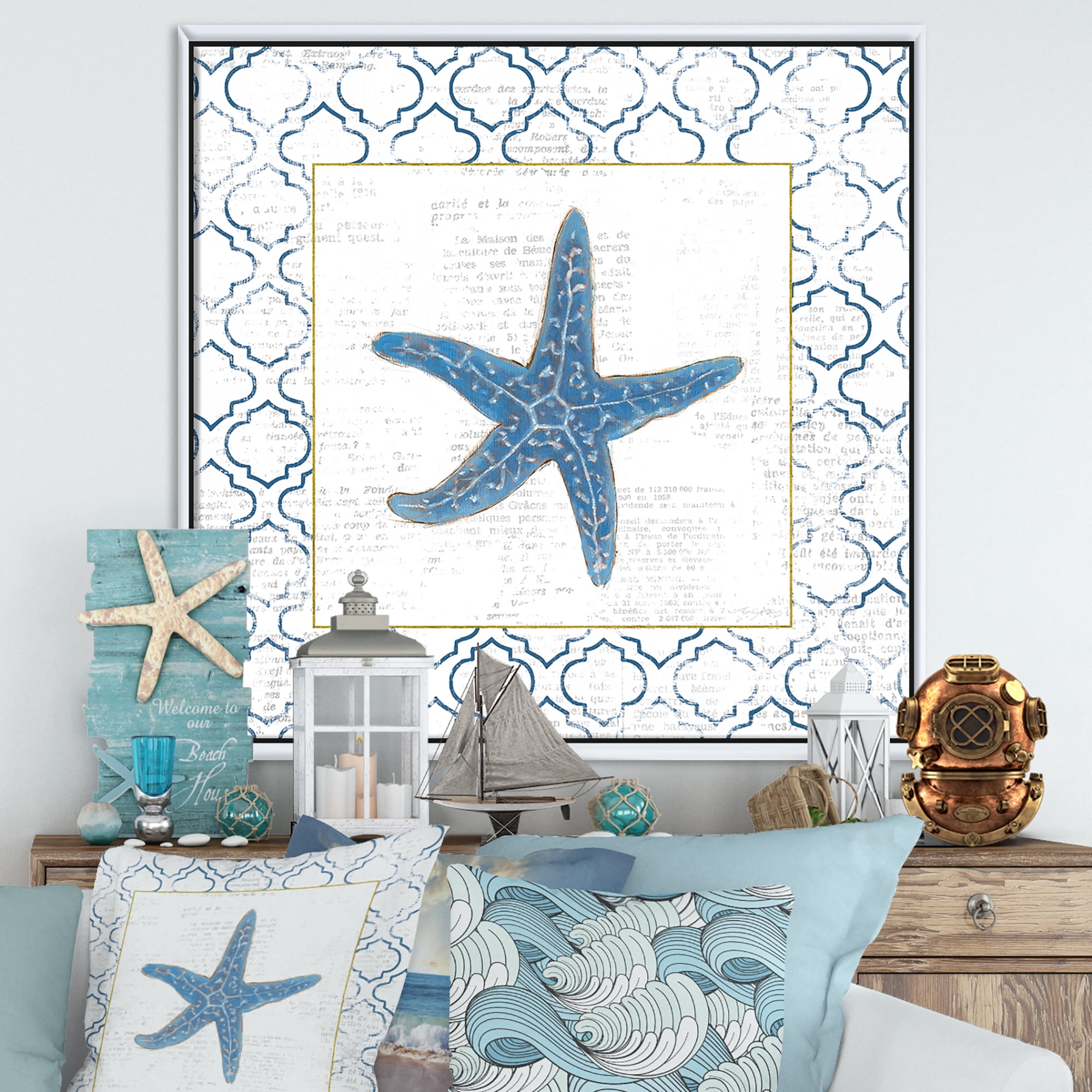 Designart ' Navy Starfish with Gold ' Nautical & Coastal Framed Canvas