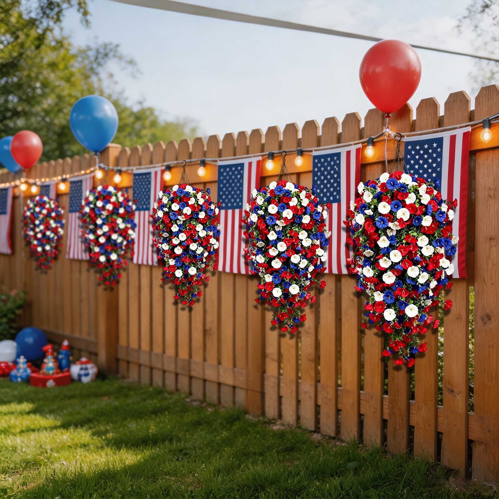 Fmxomd Artificial Hanging Flowers Basket for Outdoor, Fake Flowers Faux Plants for Yard Gardens Porch Patio Home, 28" Patriotic Flowers for Summer Front Porch Patio 4th ofJuly Decor