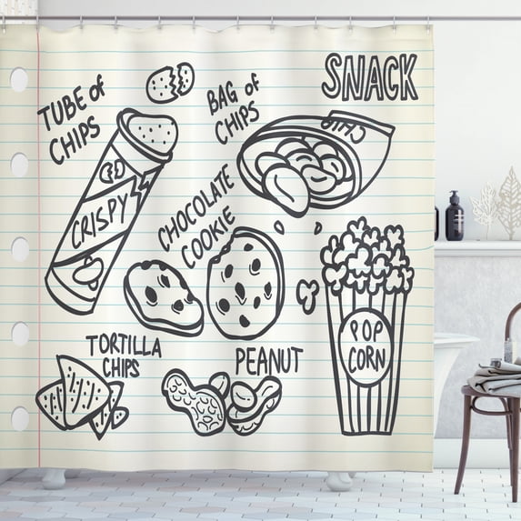 Cookie Shower Curtain, Typography on Scratch Paper Crispy Chocolate Bag of Chips, Fabric Bathroom Set with Hooks, 69"W X 75"L Long, Dark Blue Grey Pale Blue and Beige, by Ambesonne