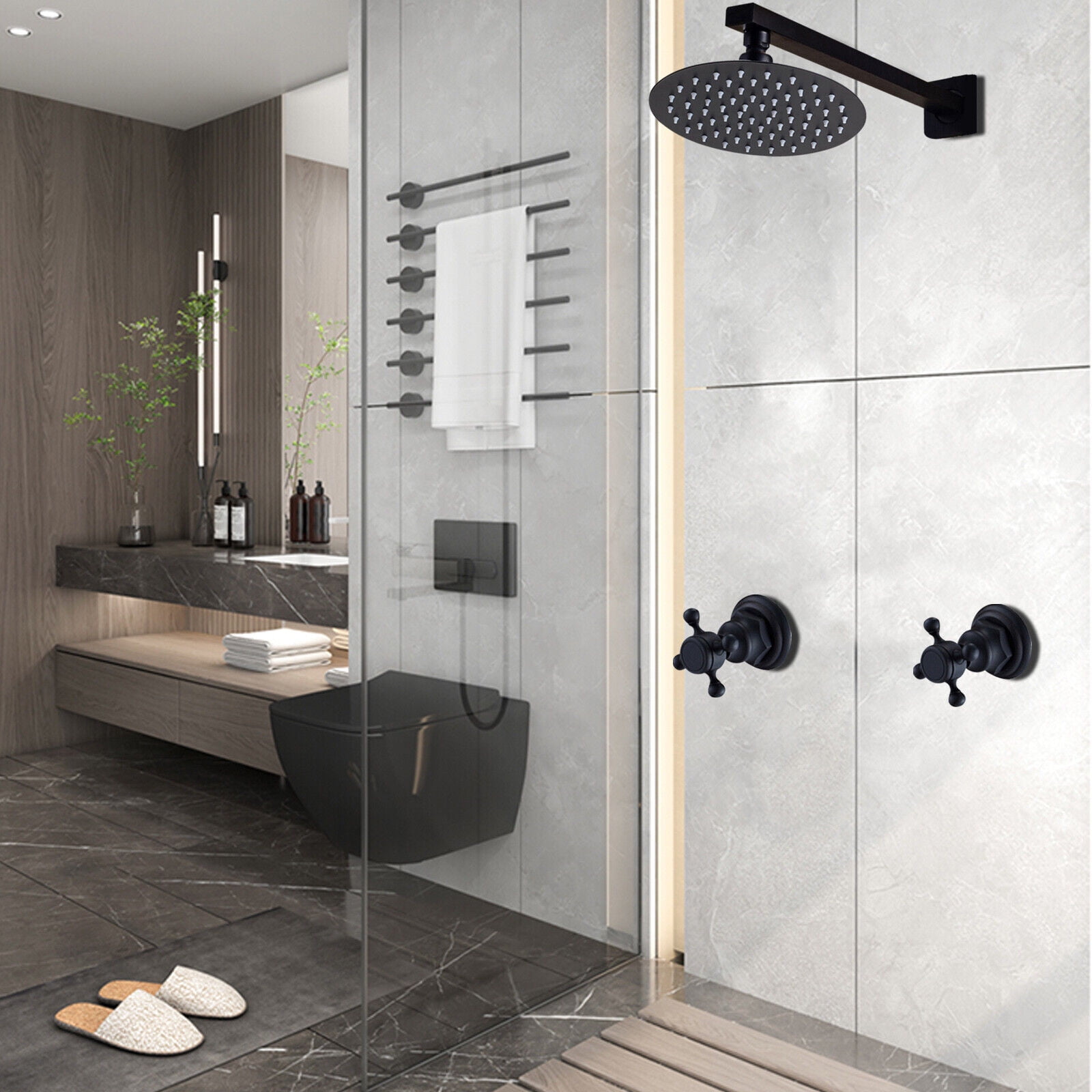 FETCOI Wall Mount Shower Faucet Set Rainfall Shower Head Combo w/ Mixer Valve Kit Black