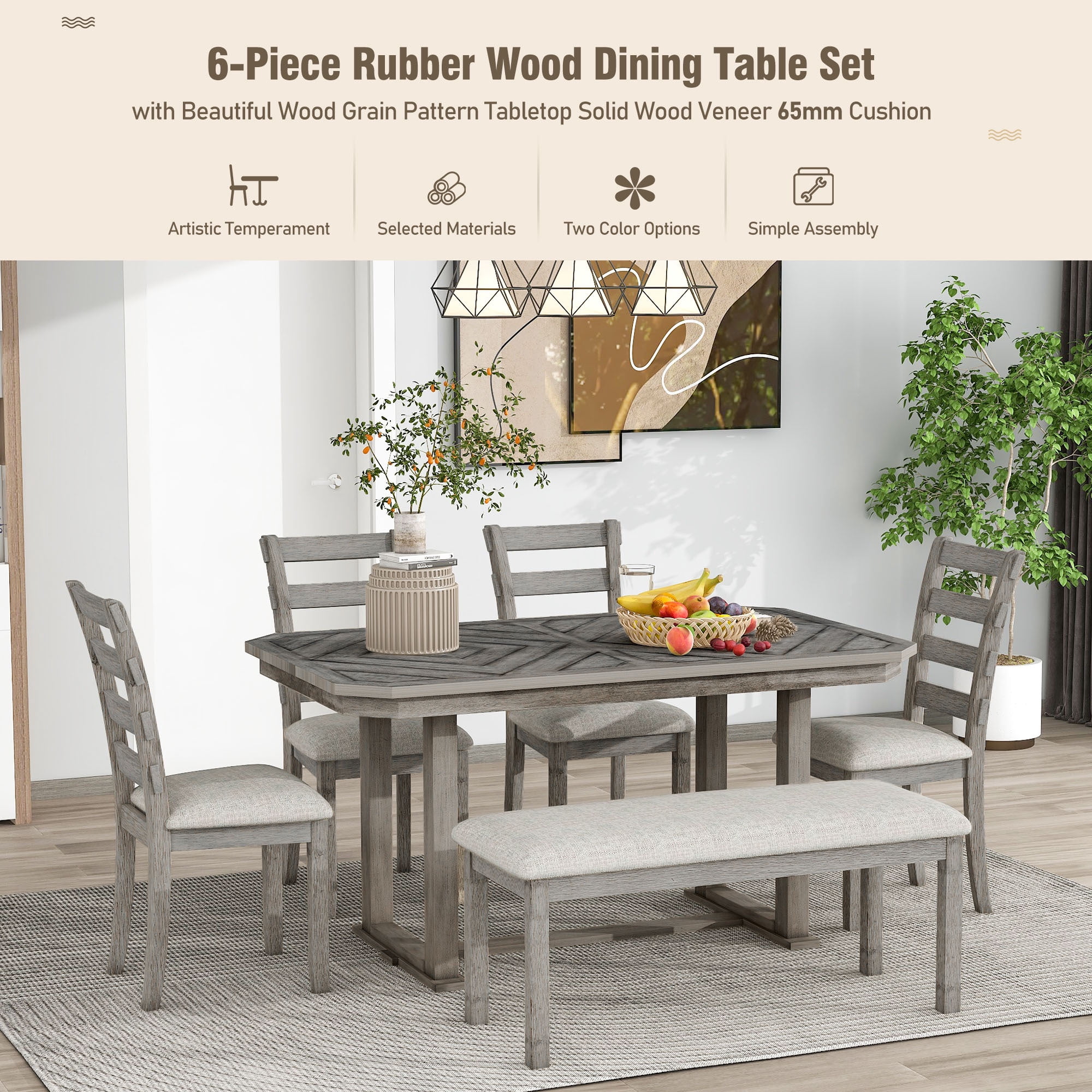 Euroco 6-Piece Rubber Wood Dining Table Set for 6, Farmhouse Kitchen Table Set with Beautiful Wood Grain Tabletop, 4 Upholstered Chairs & a Bench for Dining Room,Gray