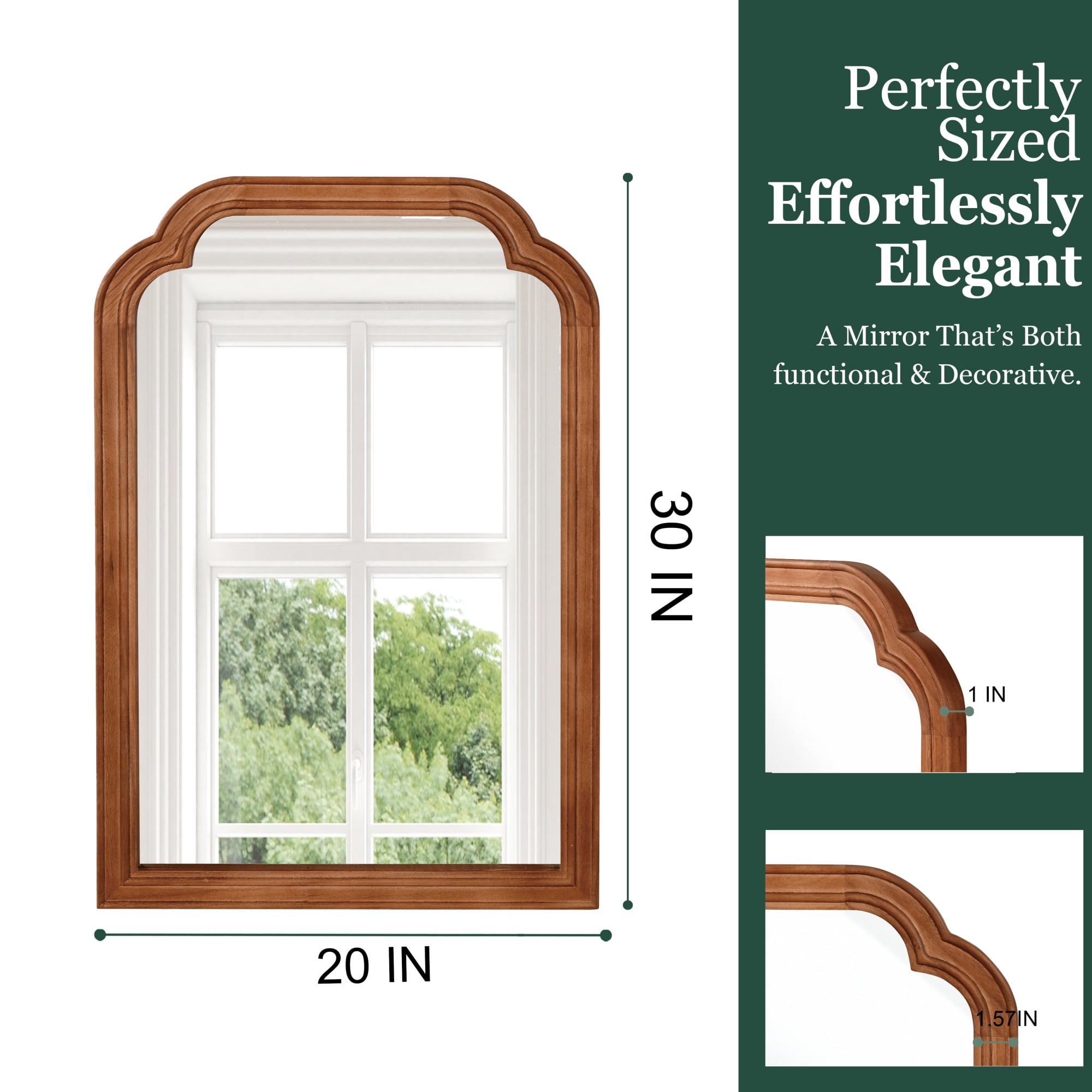 Leumius 20"x 30" Rounded Corner Mirror, Solid Wood Frame Decorative Mirror for Bedroom Bathroom Living Room Entryway Brown