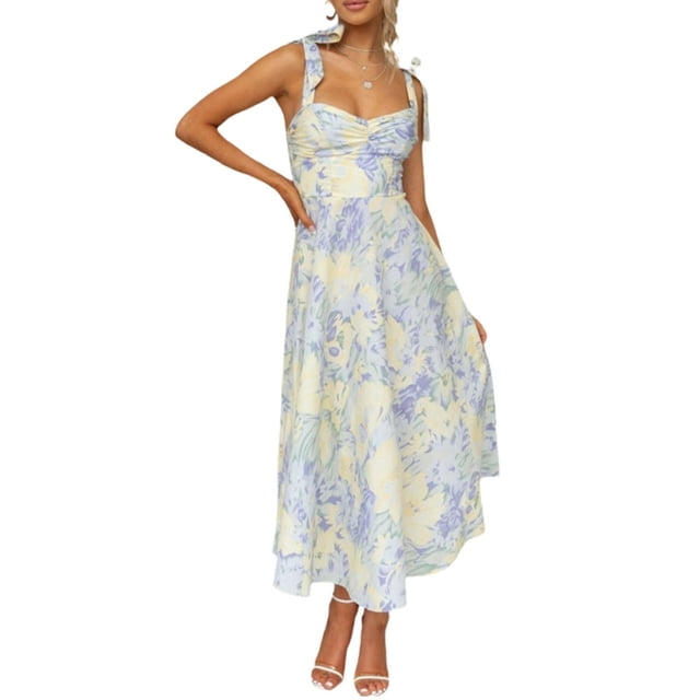 QJUHUNG Robe Longue Bustier à Col Carré Y2k pour Femmes Boho à Fleurs Sans Manches Fendue Ligne A Corset Robe Maxi Décolleté Plongeant Robe d'Été