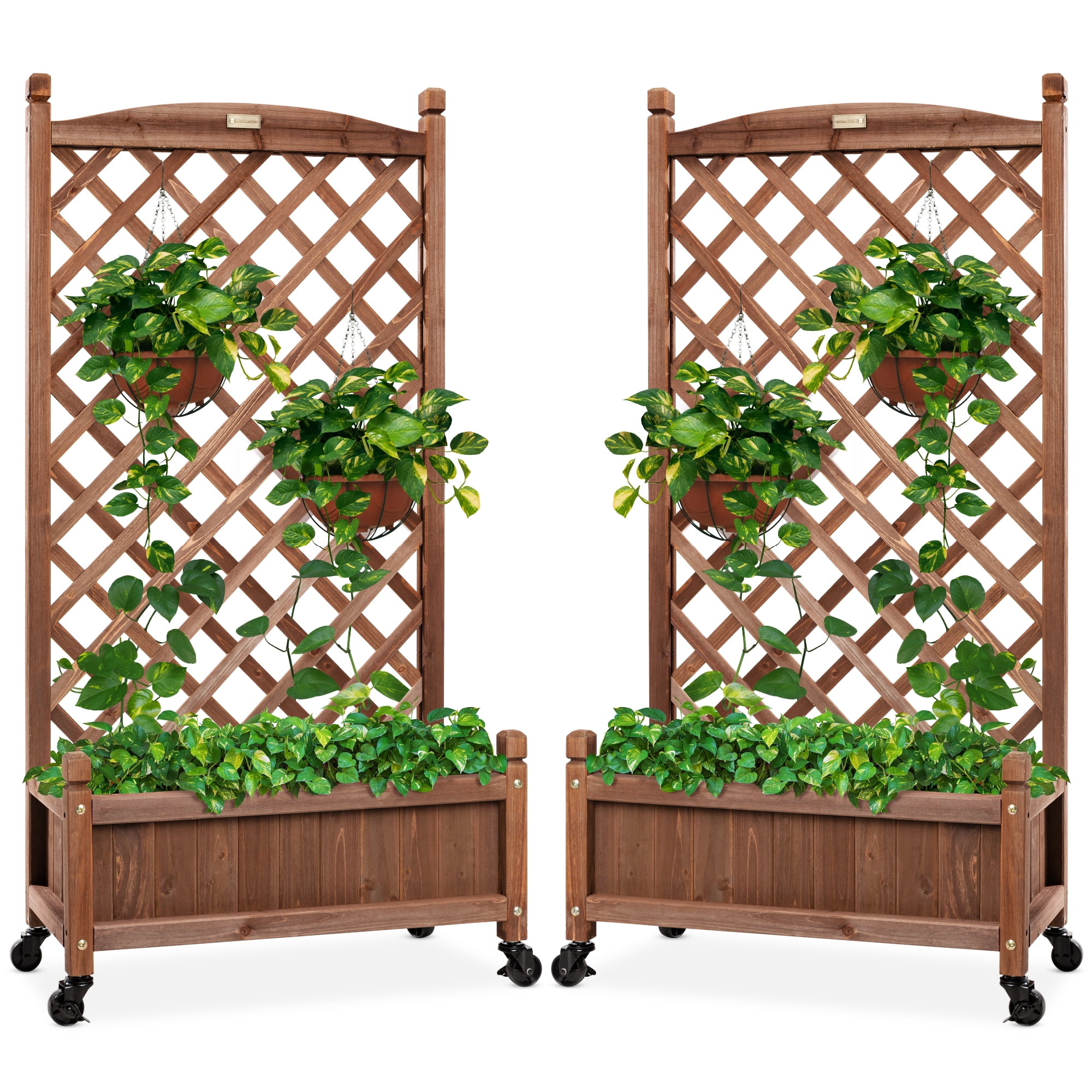 Best Choice Products Set of 2 48in Wood Planter Box & Diamond Lattice Trellis, w/ Drainage, Optional Wheels - Walnut