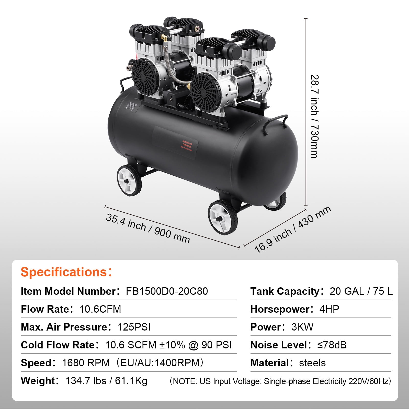 KFFKFF Air Compressor with 20 Gallon Tank, 4HP & 14.6 CFM@90 PSI, Oil-Free, Max 125PSI, 78dB Quiet Operation, Ideal for Automotive Work, Tire Filling, and Spray Paint Jobs
