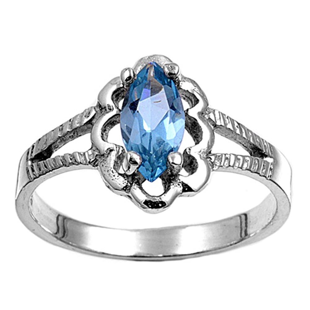 Simulated Aquamarine Marquise Solitaire Ring New .925 Sterling Silver Band Sizes 2-6