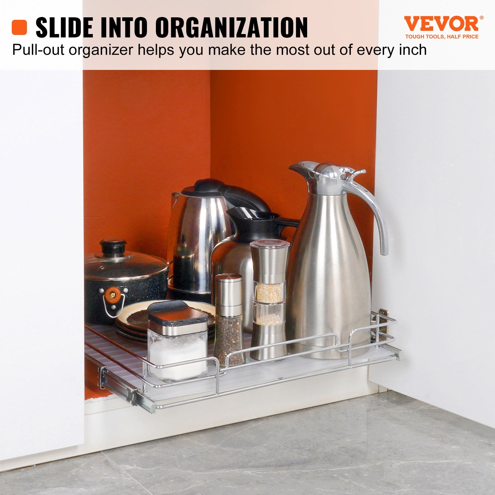 VEVOR 21.5"Wx21"Dx3.5"H Pull Out Cabinet Organizer, Heavy Duty Slide Out Pantry Shelves, Steel Roll Out Drawers, Sliding Drawer Storage for Home Under Sink, 23"Wx22"Dx7"H Install Size for Cabinet