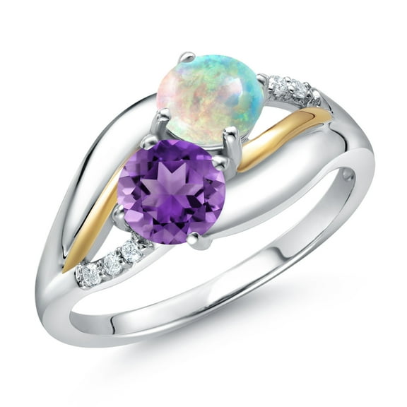 Gem Stone King 925 Sterling Silver and 10K Yellow Gold Amethyst White Simulated Opal and Lab Grown Diamond 2 Stone Engagement Ring for Women (1.02 Cttw, Round, February Birthstone, Size 6)