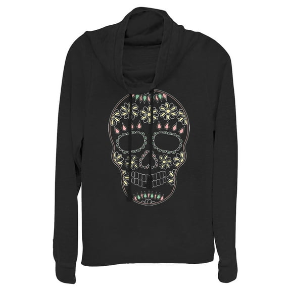 Junior's Lost Gods Halloween Sugar Skull Cowl Neck Sweatshirt Black Small