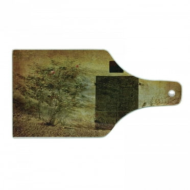 Rustic Cutting Board, Historical Italian Door of Stone House Mediterranean Picturesque Heritage, Decorative Tempered Glass Cutting and Serving Board, Wine Bottle Shape, Amber Brown, by Ambesonne