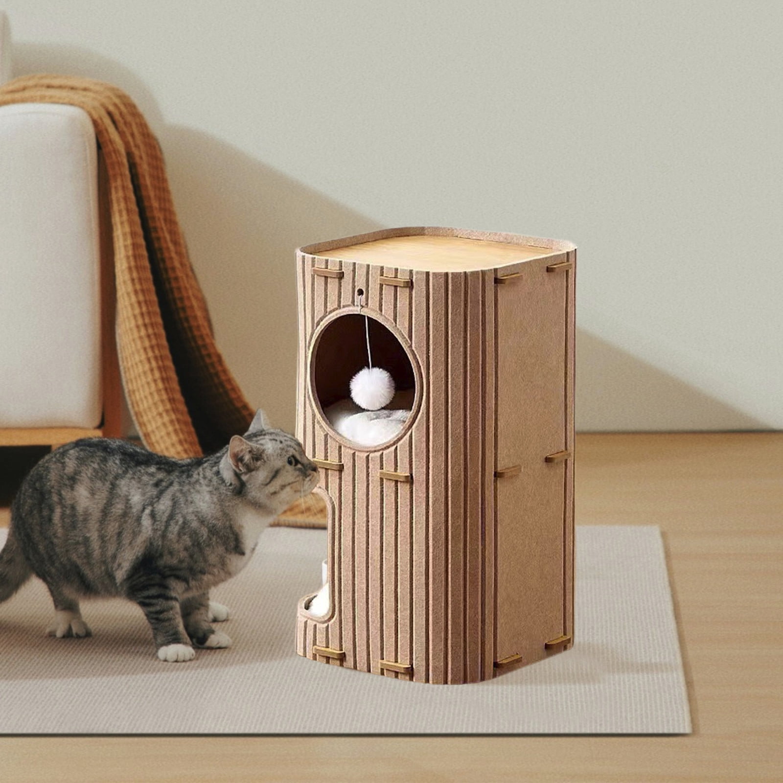 2-Story Felt Cat House With Washable Mats,Indoor Cat Bed Cave For Multiple Pets,14.57x14.57x23.62 Inch Cozy Hideaway With Tunnel,Detachable Design For Easy Cleaning,Brown And Green