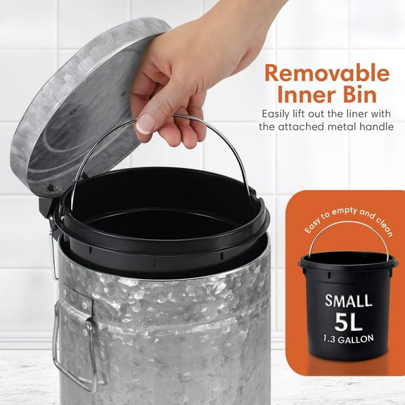 Rustic Farmhouse Trash Can, Pet-Proof 5L / 1.3 Gallon Galvanized Step Waste Bin with Soft-Close Lid for Bathroom, Kitchen & Country Home Décor