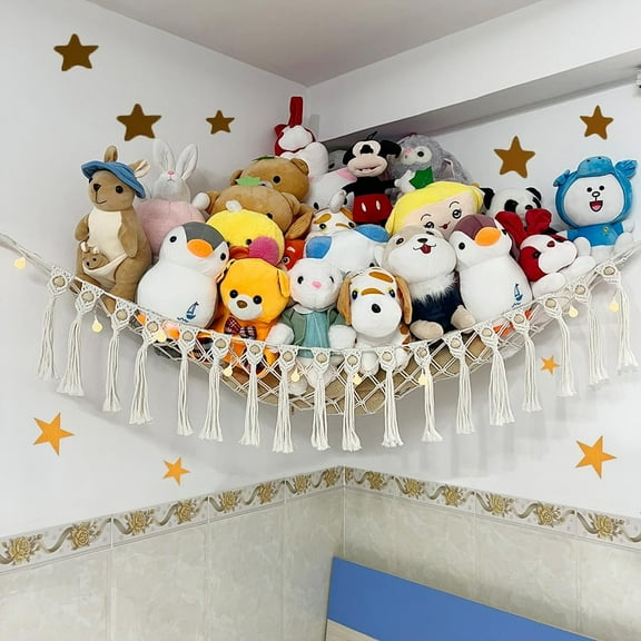 Large Stuffed Animal Net or Hammock, Boho Macrame Toy Hammock with LED Lights, Decorate Room Space Saving Pet Net for Stuffed Animals, Suitable for Nursery, Playroom, Kids Bedroom