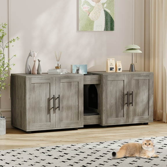 Cat Litter Box Enclosure for 2 Cats, Litter Box Cabinet Hidden with with Scratch Pad, Wooden Washroom Furniture with Double Room, Large Storage Space
