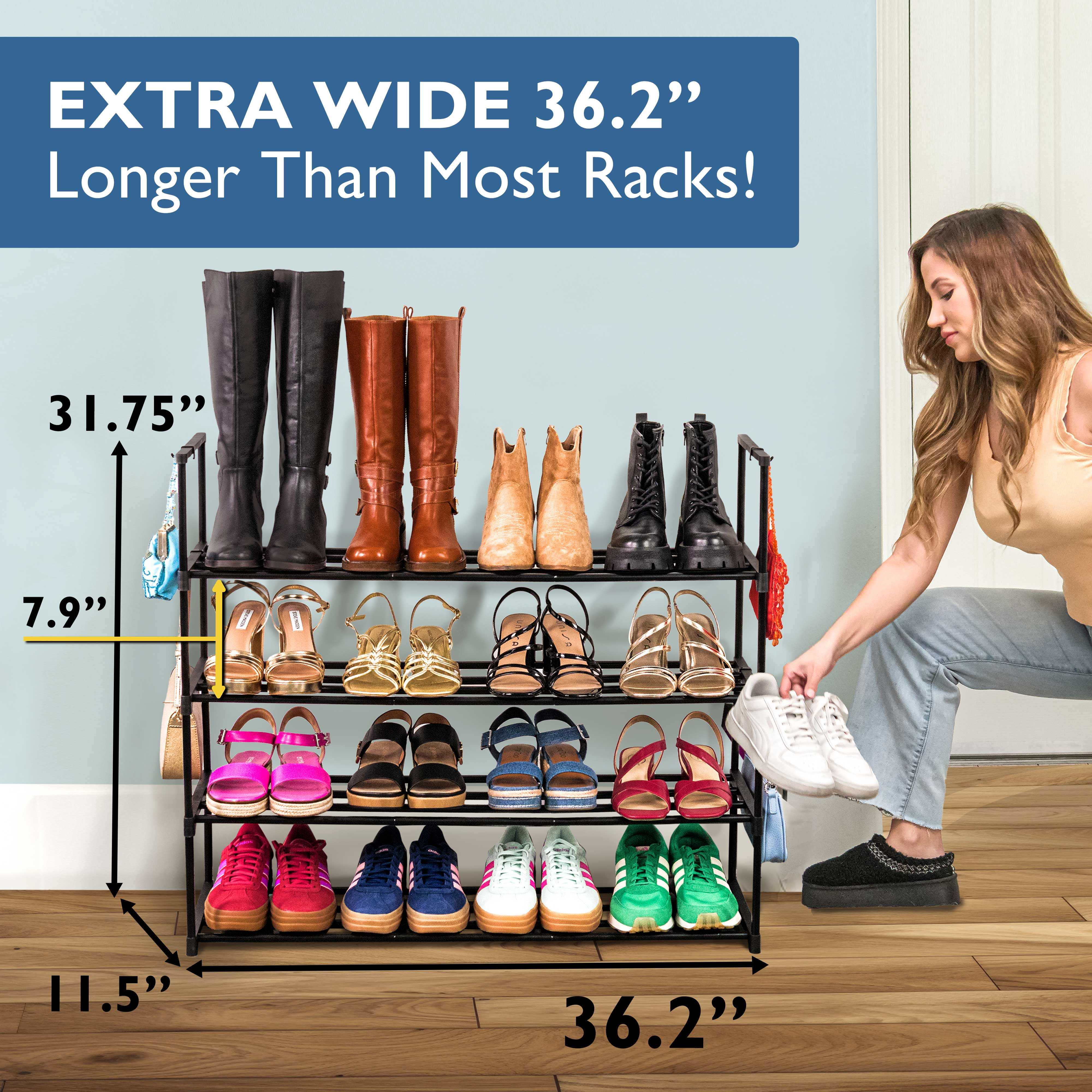 Sundaze Shoe Rack - 4 Tier Metal Shoe Rack for Front Door Entrance, Sturdy Long Shoe Organizer for Closet, Bedroom, Entryway, Garage, Black Metal Shoe Shelf, Holds Up to 20 Pairs