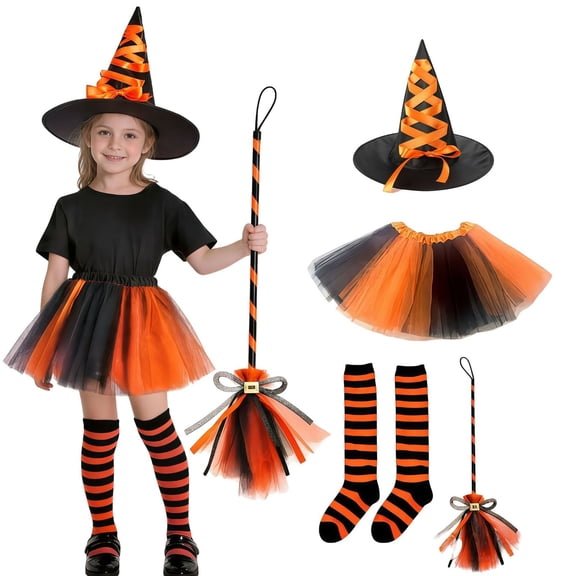 REDARER Girls Halloween Witch Cosplay Accessory Set with Tutu Skirt Pointed Witch Hat Striped Socks and Decorative Broom for Fancy Dress Trick or Treat Party Outfit,4-10 Years