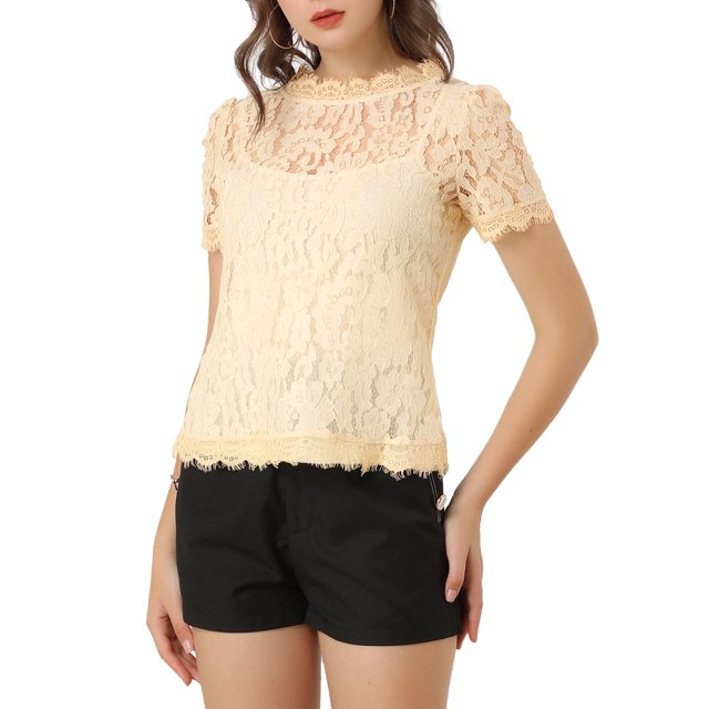 INSPIRE CHIC Haut en Dentelle Florale Semi-Transparente à Bord Festonné pour Femme