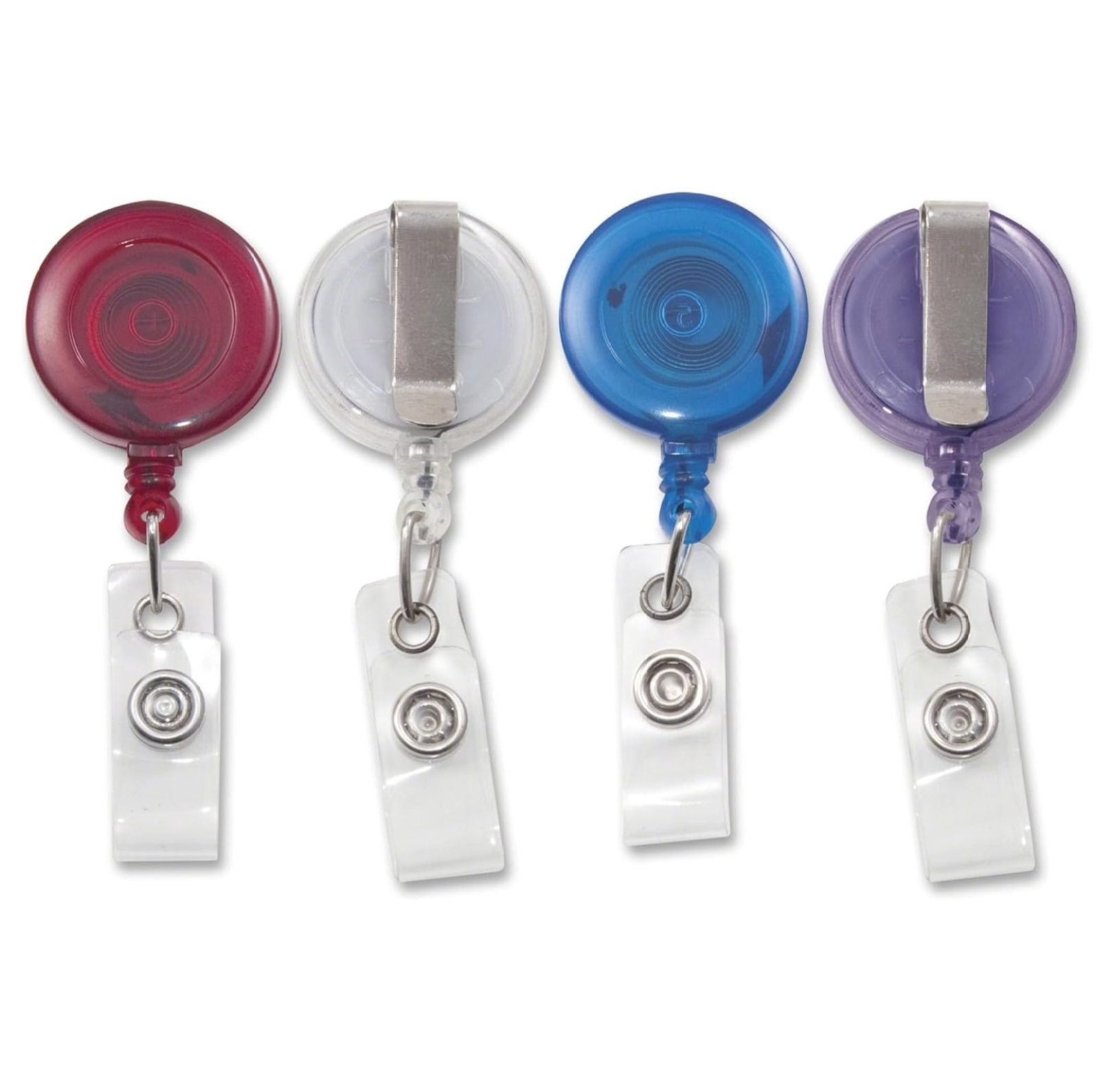 Retractable ID Card Reels - 4 Pack, 30 Inch Cord, Translucent Badge Holders with Belt Clip - Assorted Colors (Red, Blue, Clear) - Office, Employee, Name Tag