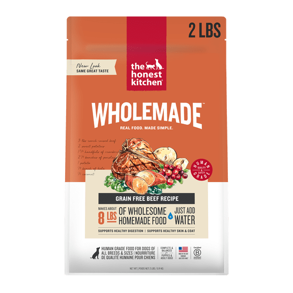 The Honest Kitchen Wholemade Grain Free Beef Recipe, Human Grade Dehydrated Dog Food, Just Add Water, Supports Healthy Digestion, Skin & Coat, Topper for Dry or Wet Dog Food, 2 lb Box Makes 8 lbs