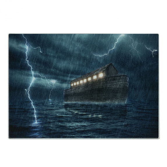 Nature Cutting Board, Old Nostalgic Wooden Boat Ship During Rain and Thunder Storm Scary Dramatic Scene, Decorative Tempered Glass Cutting and Serving Board, Small Size, Blue Brown, by Ambesonne