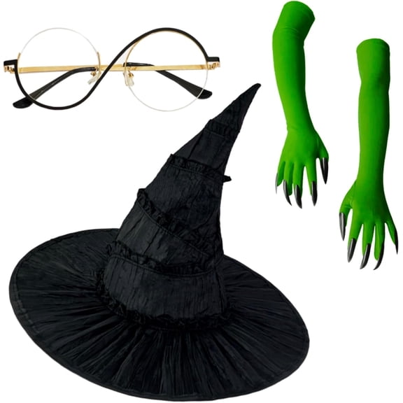 Halloween Witch Costume Women, 4Pcs Witch Costume Glasses, Witch Hat, and Witch Gloves Accessories for Halloween Movie Cosplay Props,Suitable for Fans Role-playing Party