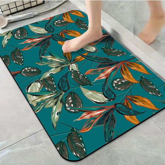 1pc Tropical Leaves in Teal Background Bathroom Rug Bathroom Decor and Accessories- Durable,Anti Slip,And Quick Drying,Suitable For Indoor/outdoor Use - Perfect For Bathrooms,Bedrooms,Kitchens
